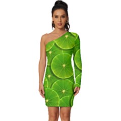 Lime Textures Macro, Tropical Fruits, Citrus Fruits, Green Lemon Texture Long Sleeve One Shoulder Mini Dress by nateshop