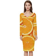 Oranges Textures, Close-up, Tropical Fruits, Citrus Fruits, Fruits Long Sleeve V-neck Bodycon Dress  by nateshop