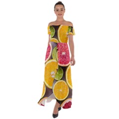 Oranges, Grapefruits, Lemons, Limes, Fruits Off Shoulder Open Front Chiffon Dress by nateshop