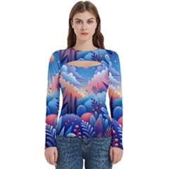 Nature Night Bushes Flowers Leaves Clouds Landscape Berries Story Fantasy Wallpaper Background Sampl Women s Cut Out Long Sleeve T-shirt by Maspions