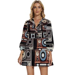 Retro Cameras Old Vintage Antique Technology Wallpaper Retrospective V-neck Placket Mini Dress by Grandong