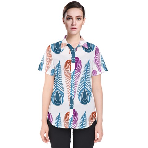 Pen Peacock Colors Colored Pattern Women s Short Sleeve Shirt by Maspions