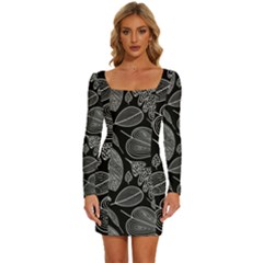 Leaves Flora Black White Nature Long Sleeve Square Neck Bodycon Velvet Dress by Maspions