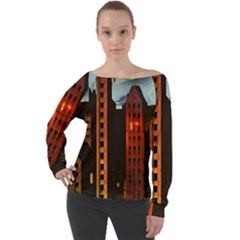 Sci-fi Futuristic Science Fiction City Neon Scene Artistic Technology Machine Fantasy Gothic Town Bu Off Shoulder Long Sleeve Velour Top by Posterlux