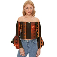 Sci-fi Futuristic Science Fiction City Neon Scene Artistic Technology Machine Fantasy Gothic Town Bu Off Shoulder Flutter Bell Sleeve Top by Posterlux