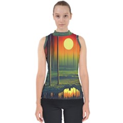 Outdoors Night Moon Full Moon Trees Setting Scene Forest Woods Light Moonlight Nature Wilderness Lan Mock Neck Shell Top by Posterlux