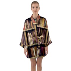 Books Bookshelves Office Fantasy Background Artwork Book Cover Apothecary Book Nook Literature Libra Long Sleeve Satin Kimono by Posterlux