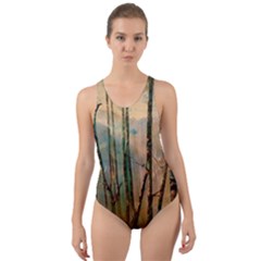 Woodland Woods Forest Trees Nature Outdoors Mist Moon Background Artwork Book Cut-out Back One Piece Swimsuit by Posterlux