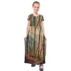 Woodland Woods Forest Trees Nature Outdoors Mist Moon Background Artwork Book Kids  Short Sleeve Maxi Dress by Posterlux