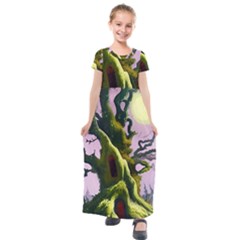 Outdoors Night Full Moon Setting Scene Woods Light Moonlight Nature Wilderness Landscape Kids  Short Sleeve Maxi Dress by Posterlux