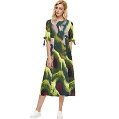 Outdoors Night Full Moon Setting Scene Woods Light Moonlight Nature Wilderness Landscape Bow Sleeve Chiffon Midi Dress by Posterlux