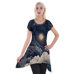 Starry Sky Moon Space Cosmic Galaxy Nature Art Clouds Art Nouveau Abstract Short Sleeve Side Drop Tunic by Posterlux