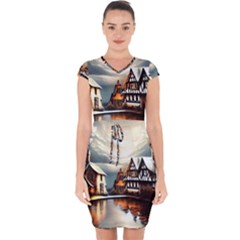 Village Reflections Snow Sky Dramatic Town House Cottages Pond Lake City Capsleeve Drawstring Dress  by Posterlux