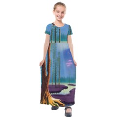 Artwork Outdoors Night Trees Setting Scene Forest Woods Light Moonlight Nature Kids  Short Sleeve Maxi Dress by Posterlux