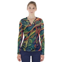 Outdoors Night Setting Scene Forest Woods Light Moonlight Nature Wilderness Leaves Branches Abstract V-neck Long Sleeve Top by Posterlux