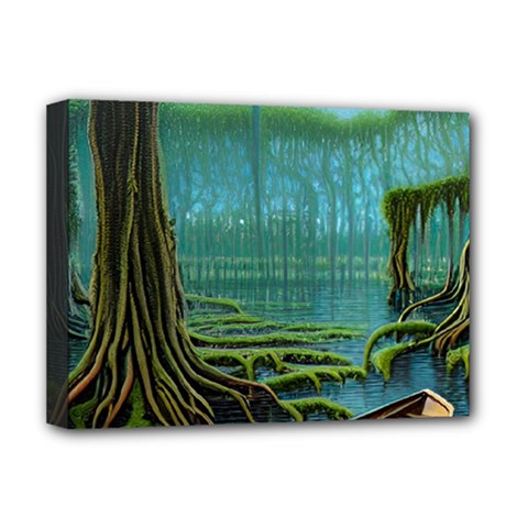 Boat Canoe Swamp Bayou Roots Moss Log Nature Scene Landscape Water Lake Setting Abandoned Rowboat Fi Deluxe Canvas 16  X 12  (stretched)  by Posterlux