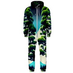 Pine Moon Tree Landscape Nature Scene Stars Setting Night Midnight Full Moon Hooded Jumpsuit (men) by Posterlux