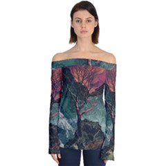 Night Sky Nature Tree Night Landscape Forest Galaxy Fantasy Dark Sky Planet Off Shoulder Long Sleeve Top by Posterlux