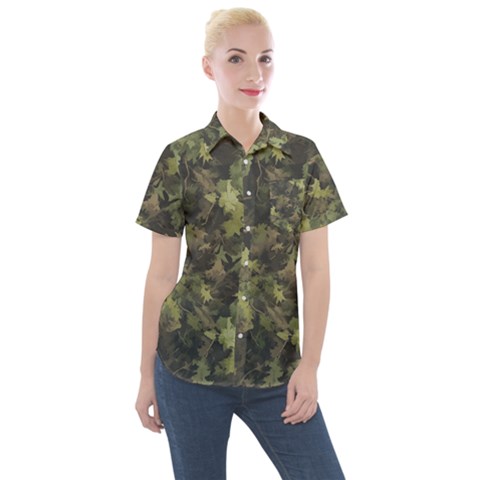 Green Camouflage Military Army Pattern Women s Short Sleeve Pocket Shirt by Maspions