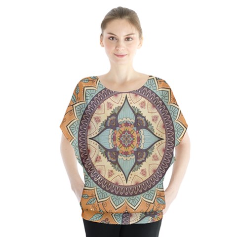 Mandala Floral Decorative Flower Batwing Chiffon Blouse by Maspions