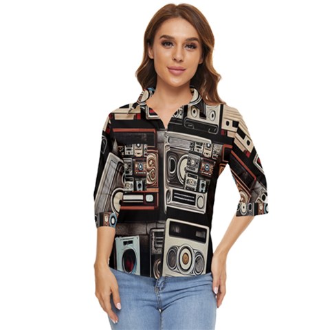 Retro Cameras Old Vintage Antique Technology Wallpaper Retrospective Women s Quarter Sleeve Pocket Shirt by Grandong