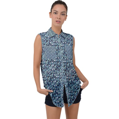 Blue Paisley Sleeveless Chiffon Button Shirt by DinkovaArt