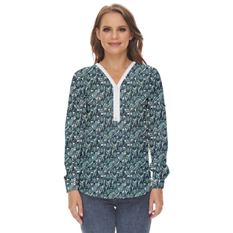 Paisley 1 Zip Up Long Sleeve Blouse by DinkovaArt