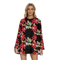 Floral Geometry Round Neck Long Sleeve Bohemian Style Chiffon Mini Dress by Sparkle