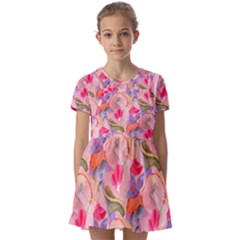 Pink Glowing Flowers Kids  Short Sleeve Pinafore Style Dress by Sparkle