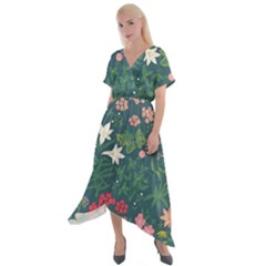 Spring Small Flowers Cross Front Sharkbite Hem Maxi Dress by AlexandrouPrints