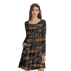 Abierto Neon Lettes Over Glass Motif Pattern Long Sleeve Knee Length Skater Dress With Pockets by dflcprintsclothing