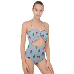 House Trees Pattern Background Scallop Top Cut Out Swimsuit by Maspions