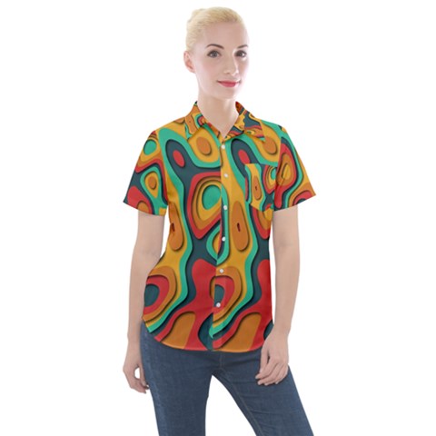 Paper Cut Abstract Pattern Women s Short Sleeve Pocket Shirt by Maspions