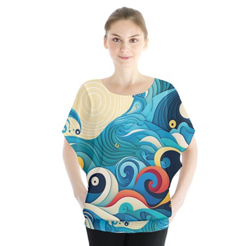 Waves Wave Ocean Sea Abstract Whimsical Batwing Chiffon Blouse by Maspions