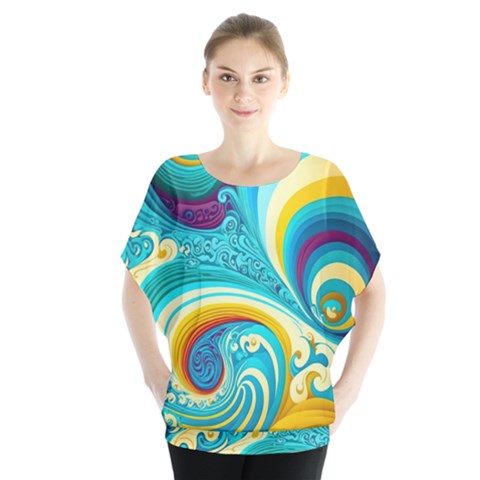 Abstract Waves Ocean Sea Whimsical Batwing Chiffon Blouse by Maspions