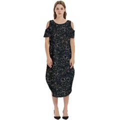 Midnight Blossom Elegance Black Backgrond Cold Shoulder Loose Fit Dress With Pockets by dflcprintsclothing