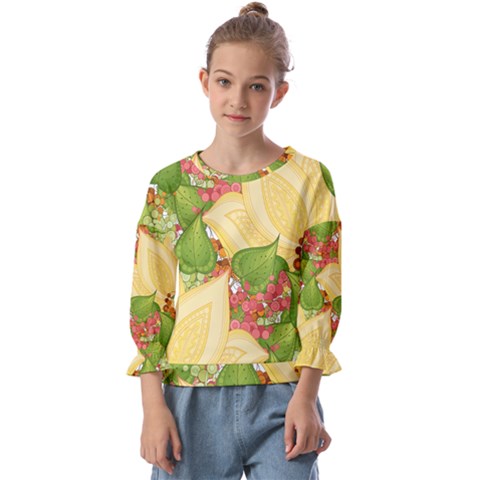 Pattern Texture Leaves Kids  Cuff Sleeve Top by Proyonanggan