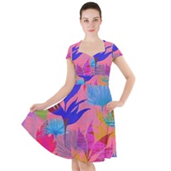 Pink And Blue Floral Cap Sleeve Midi Dress With Pockets by Sparkle