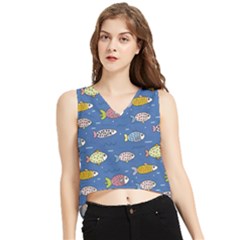 Sea Fish Blue Submarine Animals Patteen V-neck Cropped Tank Top by Maspions