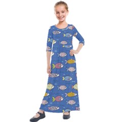 Sea Fish Blue Submarine Animals Patteen Kids  Quarter Sleeve Maxi Dress by Maspions