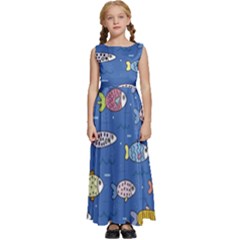 Sea Fish Blue Submarine Animals Patteen Kids  Satin Sleeveless Maxi Dress by Maspions