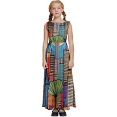 City New York Nyc Skyscraper Skyline Downtown Night Business Urban Travel Landmark Building Architec Kids  Satin Sleeveless Maxi Dress by Posterlux