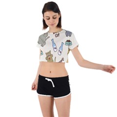 Happy Cats Pattern Background Tie Back Short Sleeve Crop T-shirt by Grandong