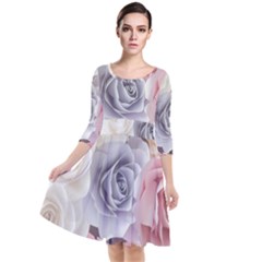 Pastel Rose  Flower Blue Pink White Quarter Sleeve Waist Band Dress by Cemarart