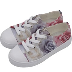 Pastel Rose  Flower Blue Pink White Kids  Low Top Canvas Sneakers by Cemarart