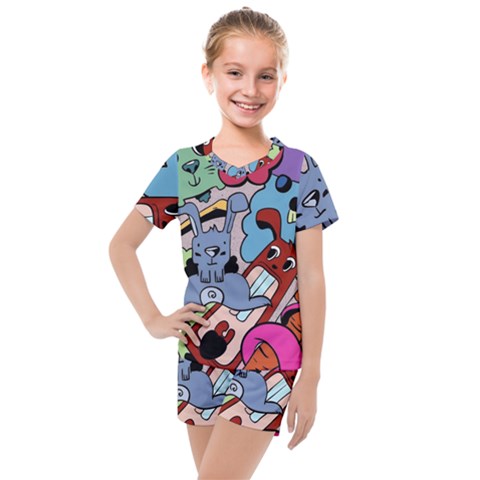 Graffiti Monster Street Theme Kids  Mesh T-shirt And Shorts Set by Bedest