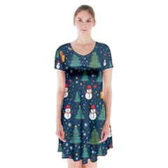 Snow Snowman Tree Christmas Tree Short Sleeve V-neck Flare Dress by Ravend