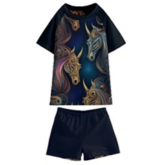 Schwarz Pferde Muster Kids  Swim T-shirt And Shorts Set by 2607694c