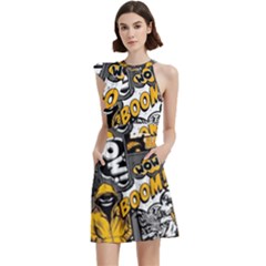 Boom Bang Art Crazy Drawing Graffiti Hello Retro Sayings Yellow Cocktail Party Halter Sleeveless Dress With Pockets by Bedest