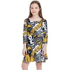 Boom Bang Art Crazy Drawing Graffiti Hello Retro Sayings Yellow Kids  Quarter Sleeve Skater Dress by Bedest